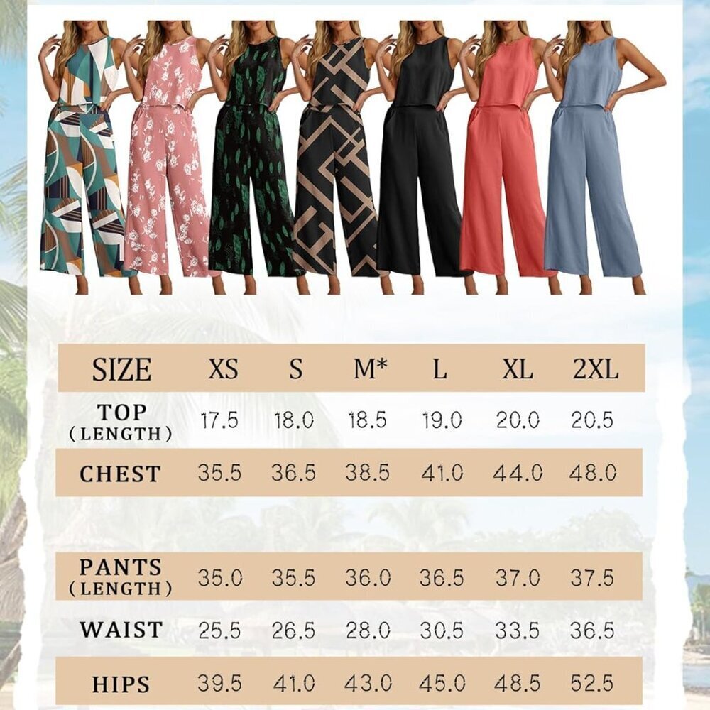 Women's Summer 2 Piece Outfit Set Crop Top Wide Leg Pants Pockets Jumpsuit - Picture 5 of 5